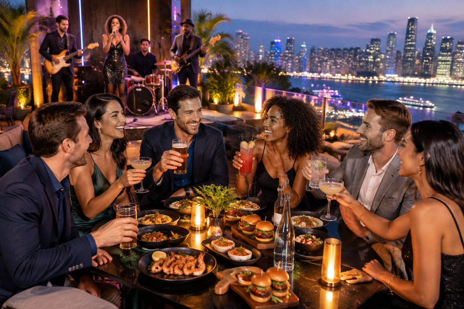 A group of friends enjoys gourmet food, drinks, and live music at an upscale rooftop venue overlooking a city at night.