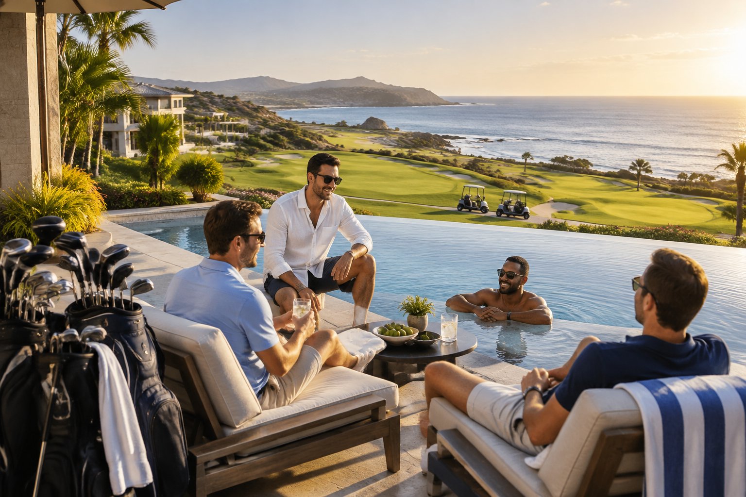 A group of friends relaxes beside a luxury infinity pool overlooking a manicured golf course.