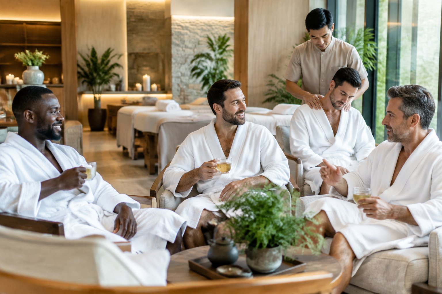 A group of friends relax together in a luxurious spa lounge during a bachelor party getaway.