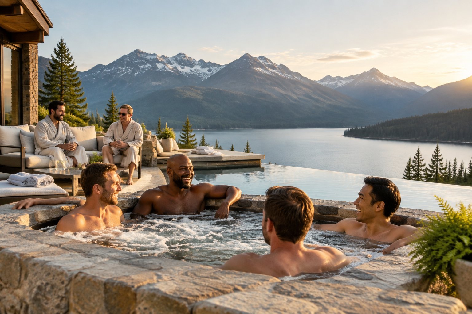 A group of friends relaxing at a lakeside spa with mountains and pine forests in the background.