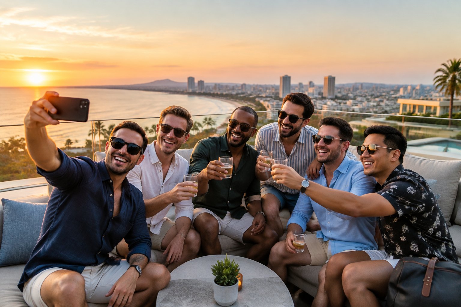 A group of friends celebrating together on a rooftop overlooking a sunny coastal city.