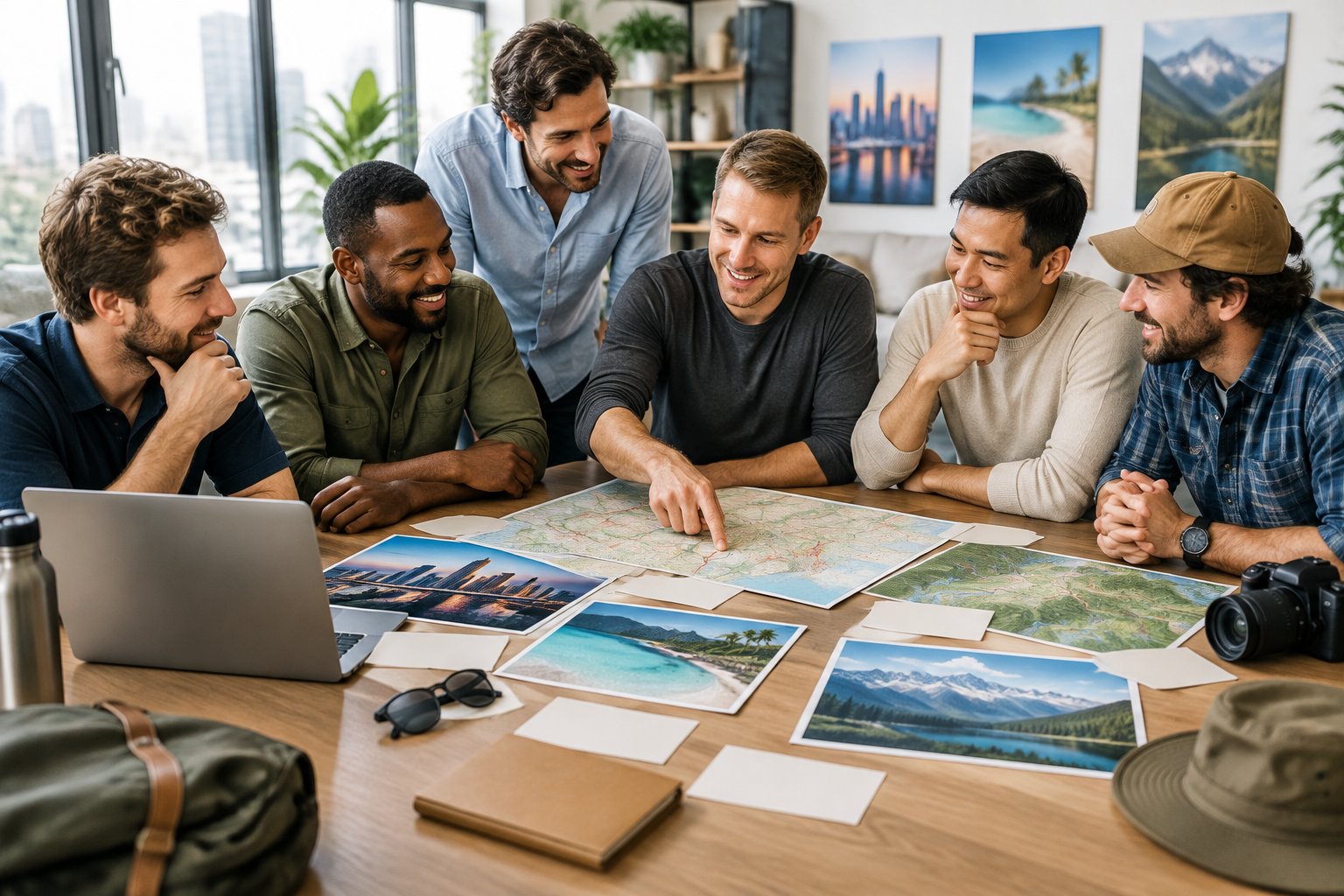 A group of friends compares travel options around a table while planning a bachelor party trip.
