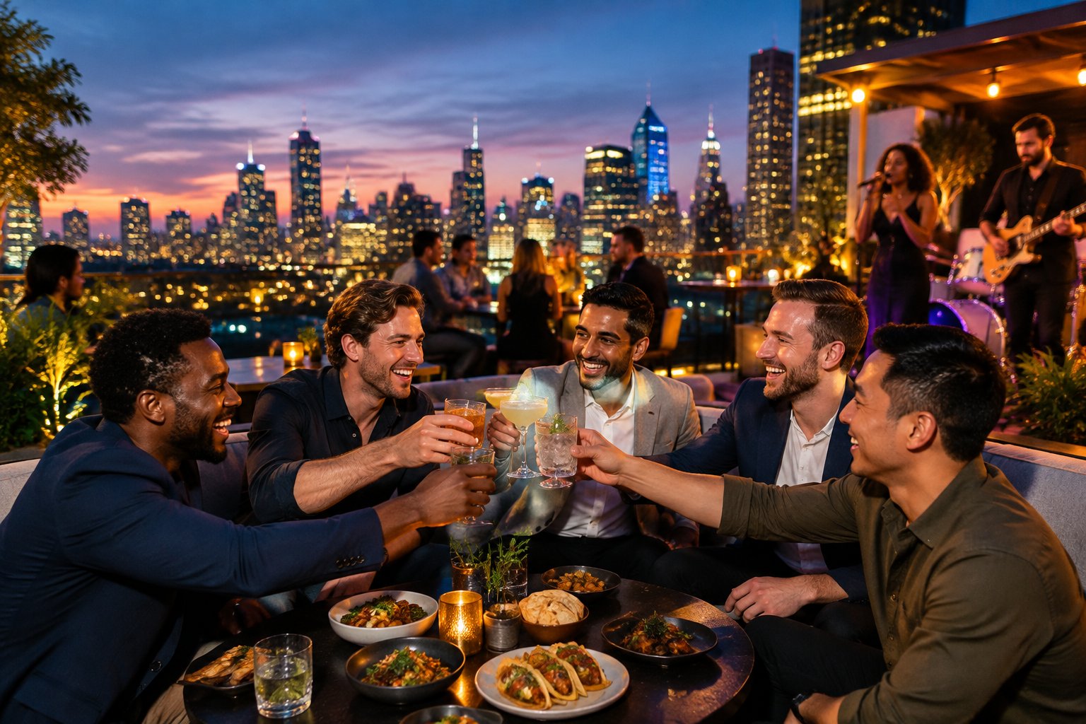 A group of friends celebrates with food and drinks at a lively rooftop bar overlooking a city skyline.