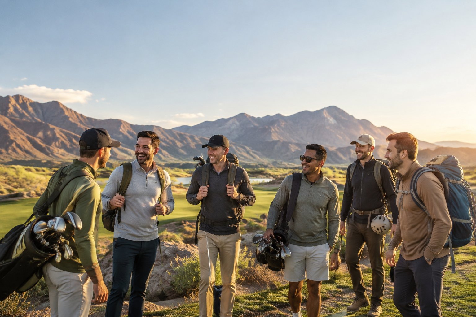 A group of friends gathers beside a golf course with mountain scenery and outdoor adventure gear.