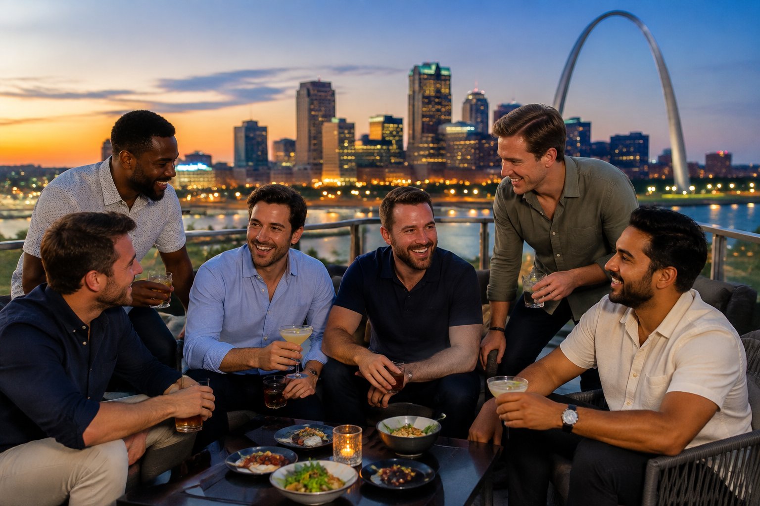 A group of friends celebrating on a rooftop terrace with the St. Louis skyline and Gateway Arch behind them.