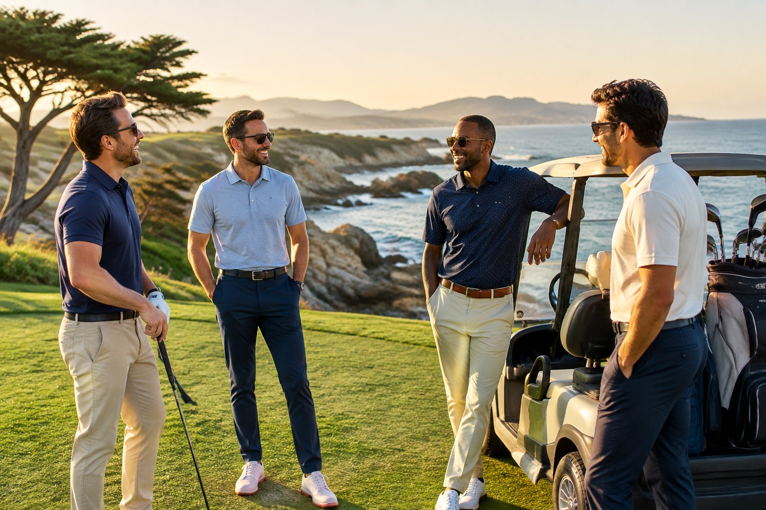 A group of friends enjoying a golf outing along the Pebble Beach coastline.