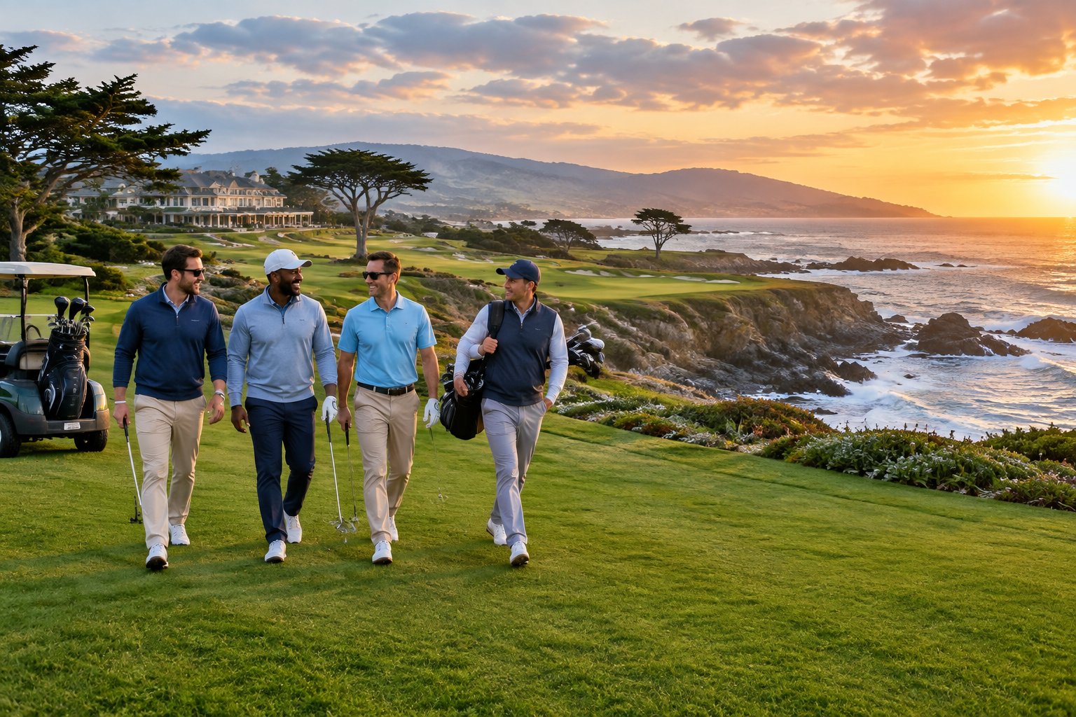 Friends walk together on a coastal golf course beside the Pacific Ocean.
