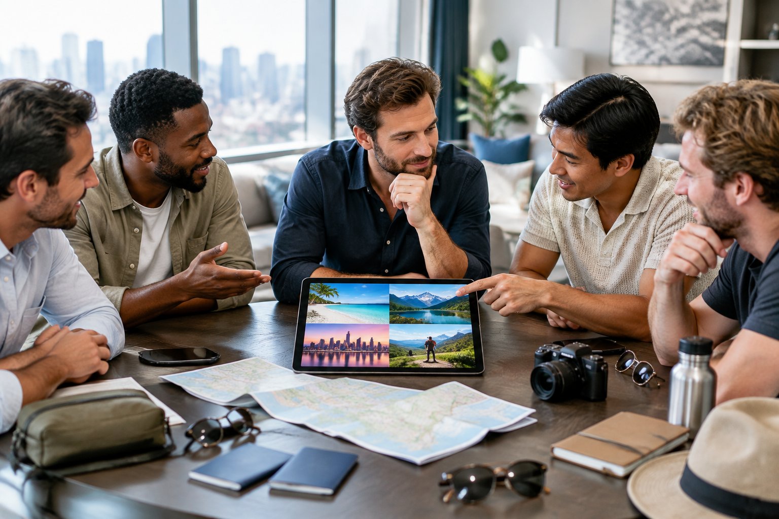 Friends gather around travel materials while helping the groom choose a bachelor party destination.