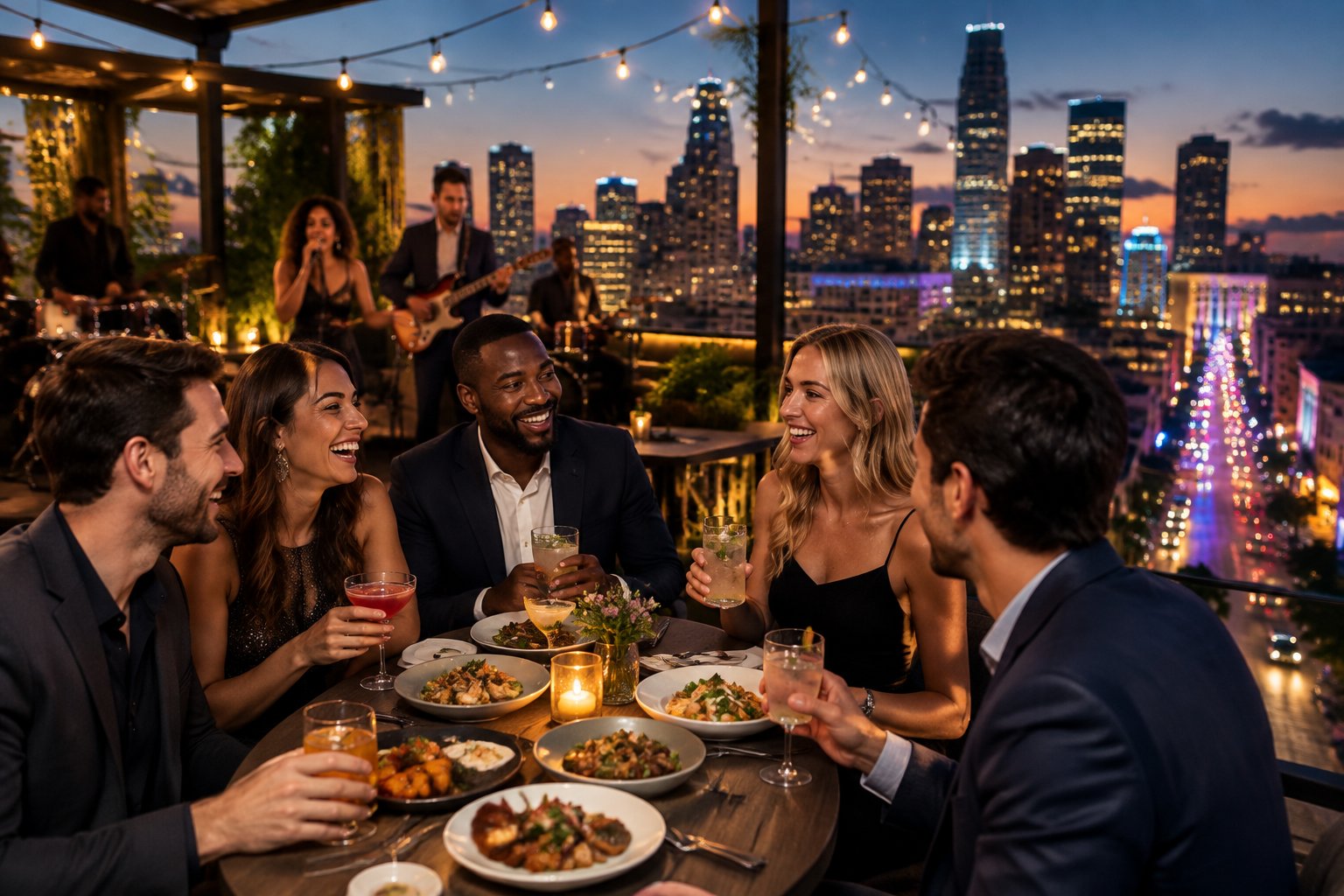 A group of friends enjoying food, drinks, and live music at a rooftop venue overlooking a glowing city skyline.