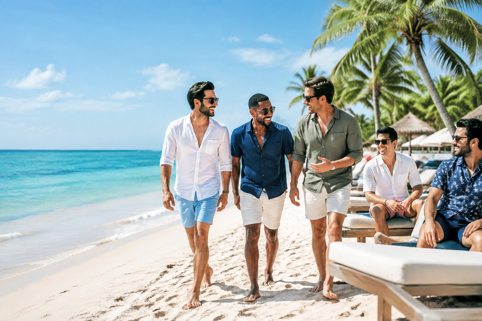 A group of friends enjoying a sunny day together on a tropical beach.
