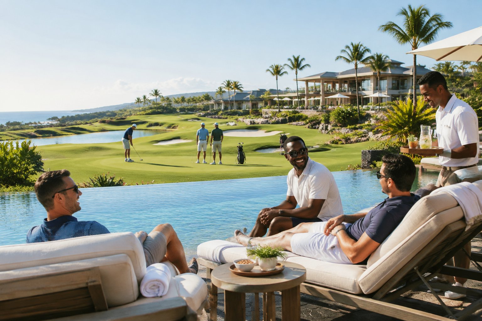 Friends enjoy a luxury resort pool beside a manicured golf course.