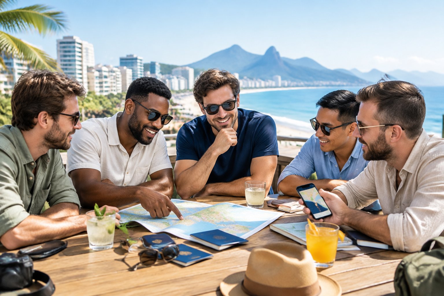 A group of friends plans a trip together at an outdoor table overlooking a scenic coastal destination.