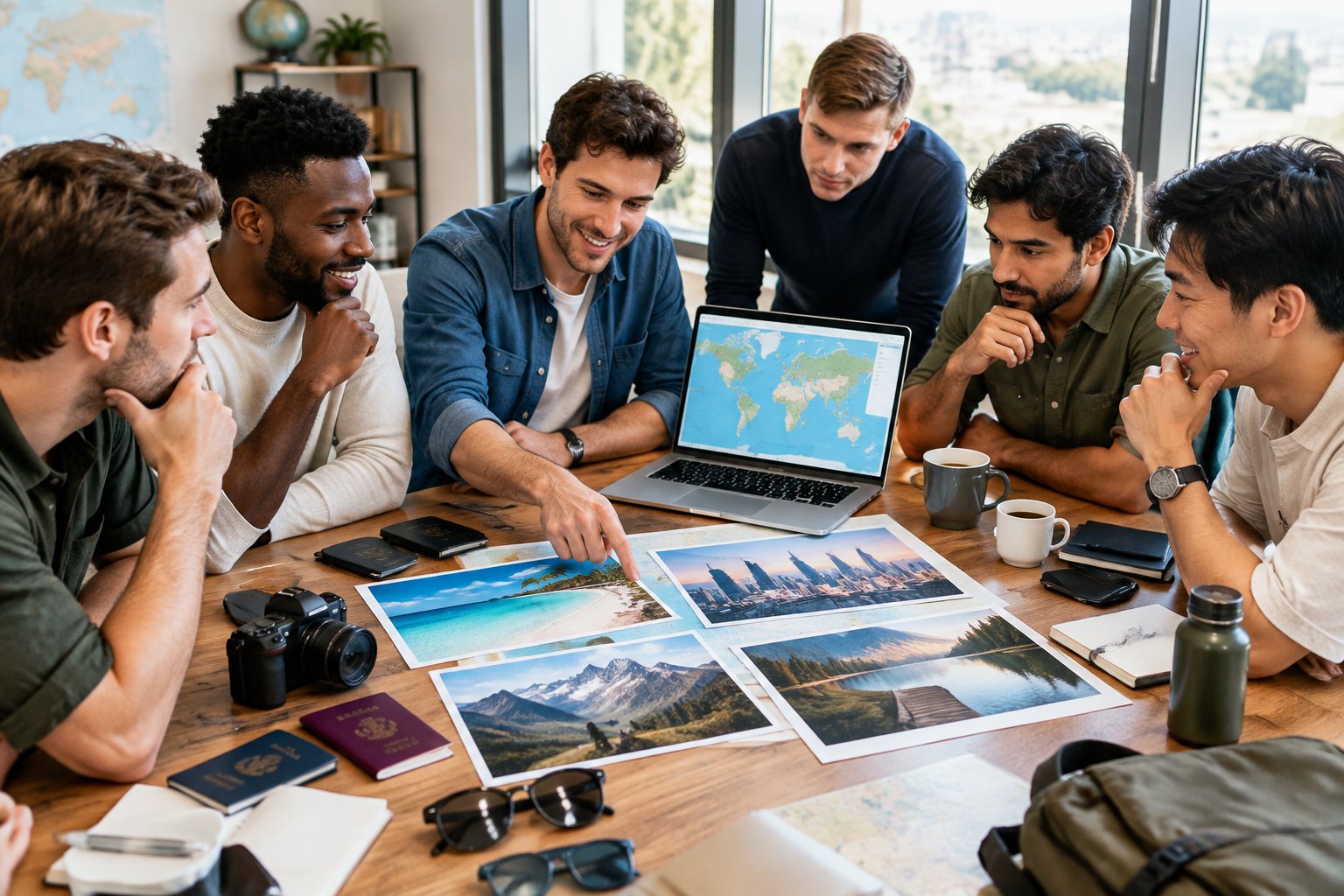 A group of friends compares travel options around a table while planning a bachelor party.