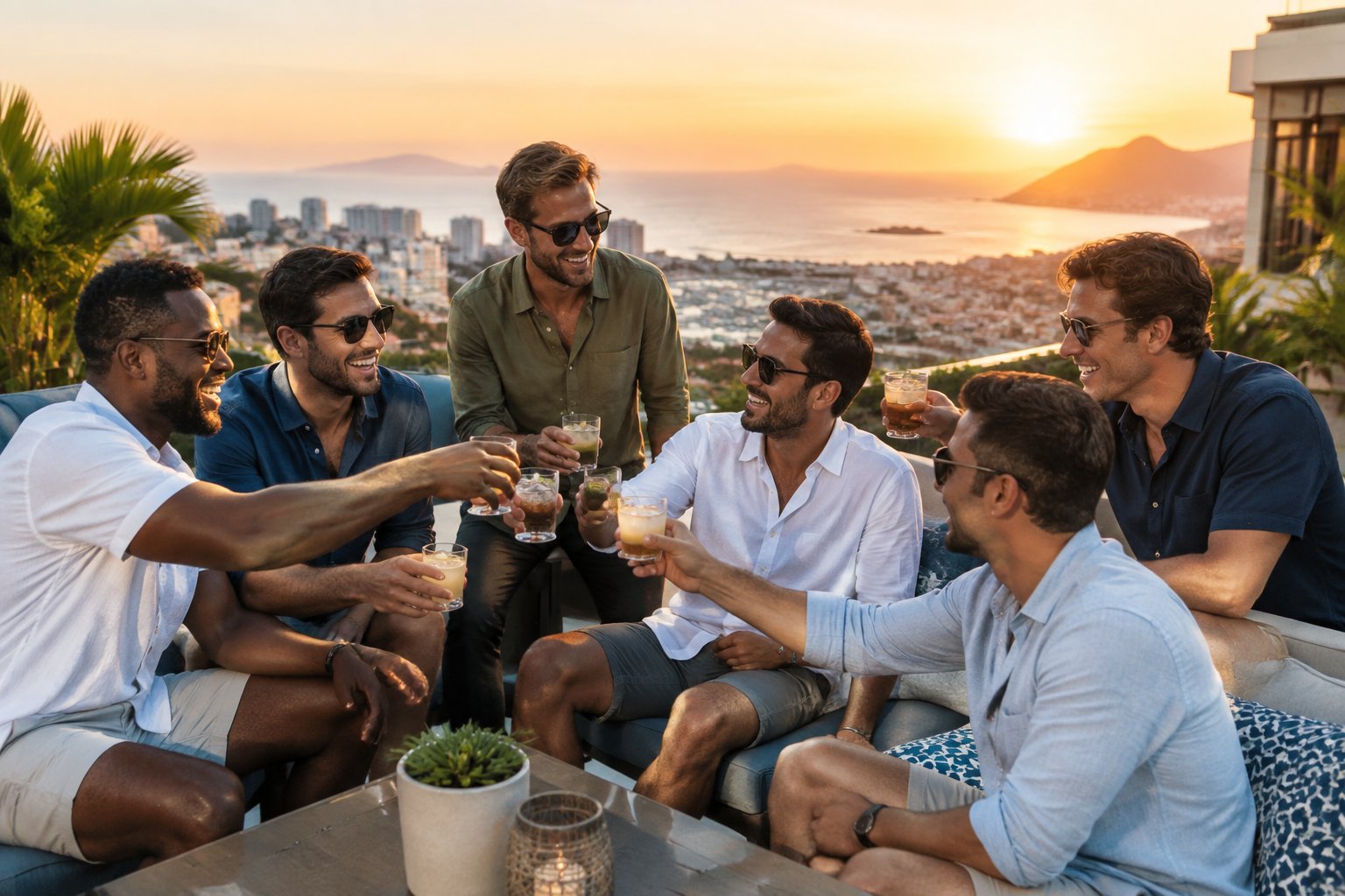 A group of friends celebrating together on a rooftop overlooking a coastal city at sunset.