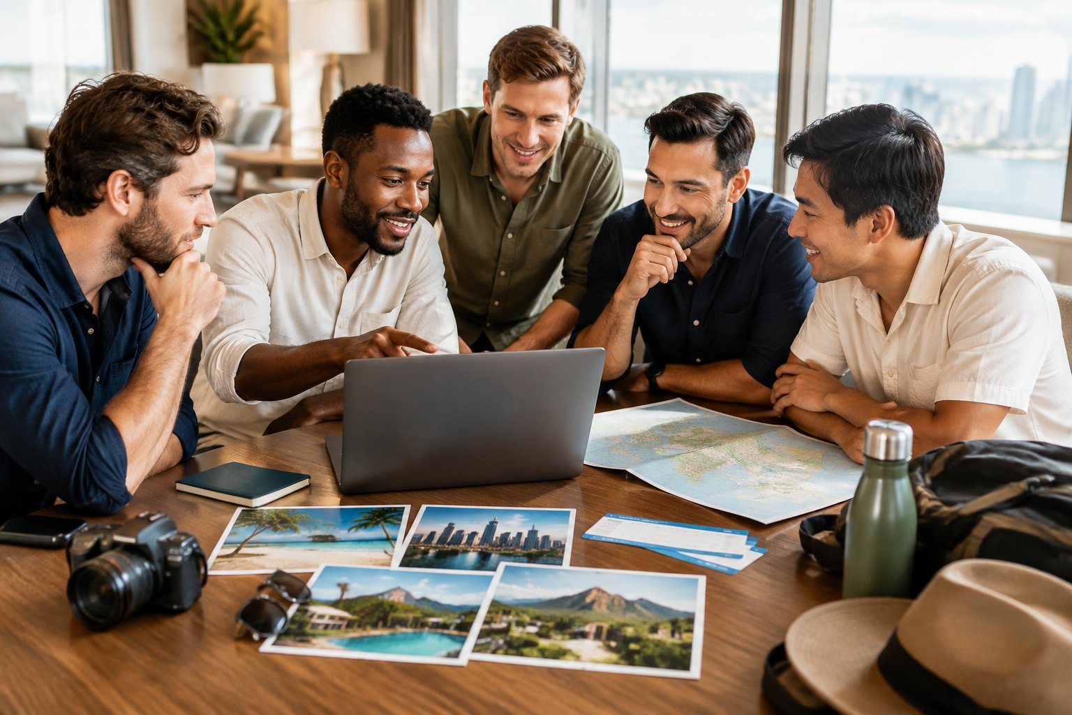 A group of friends discusses bachelor party vacation options around a table with travel materials.