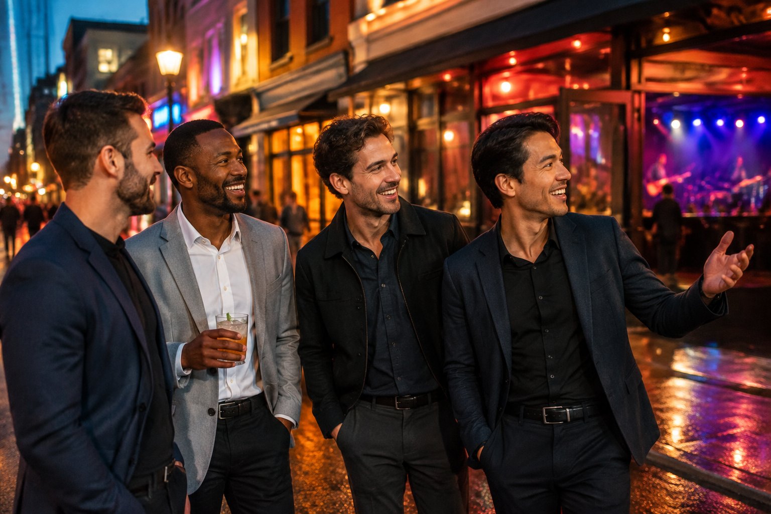 A group of friends enjoying a lively evening outside music venues and bars in a city nightlife district.