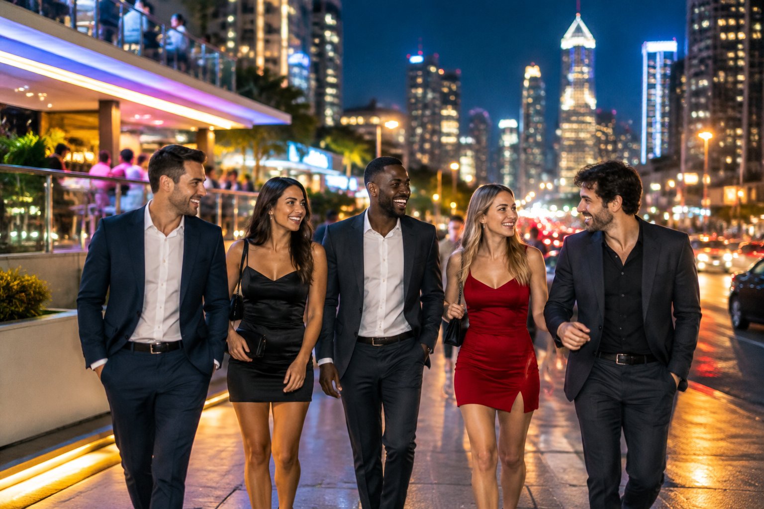 A group of friends enjoying a lively city nightlife district at night.