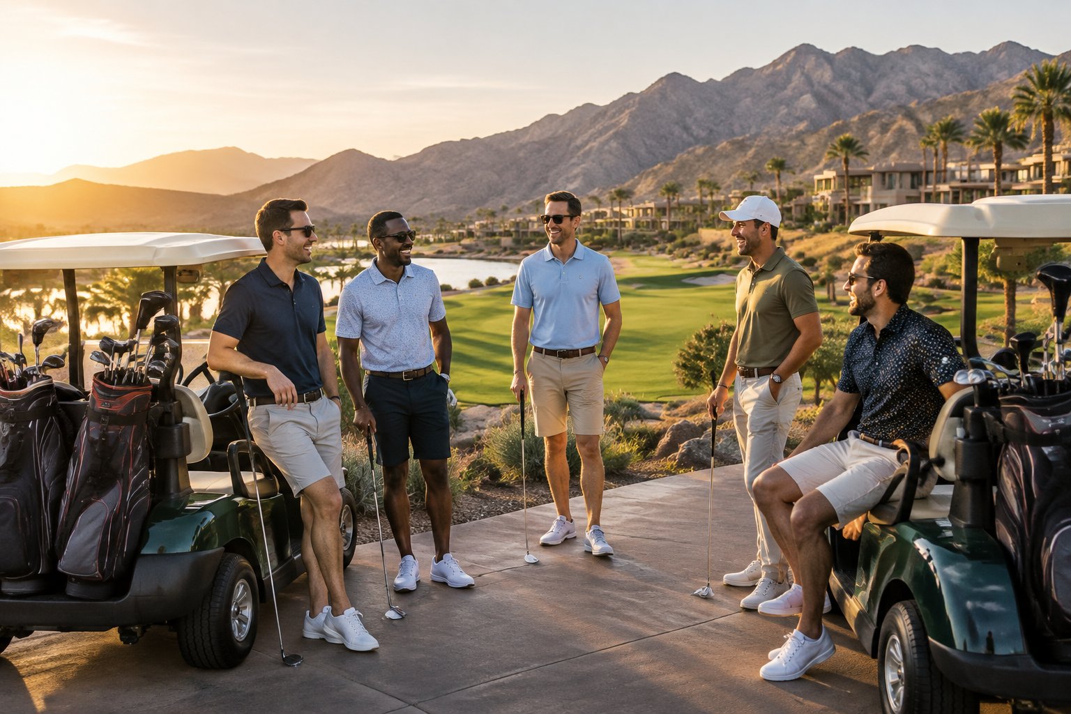 A group of friends enjoying a luxury golf resort in a desert landscape.