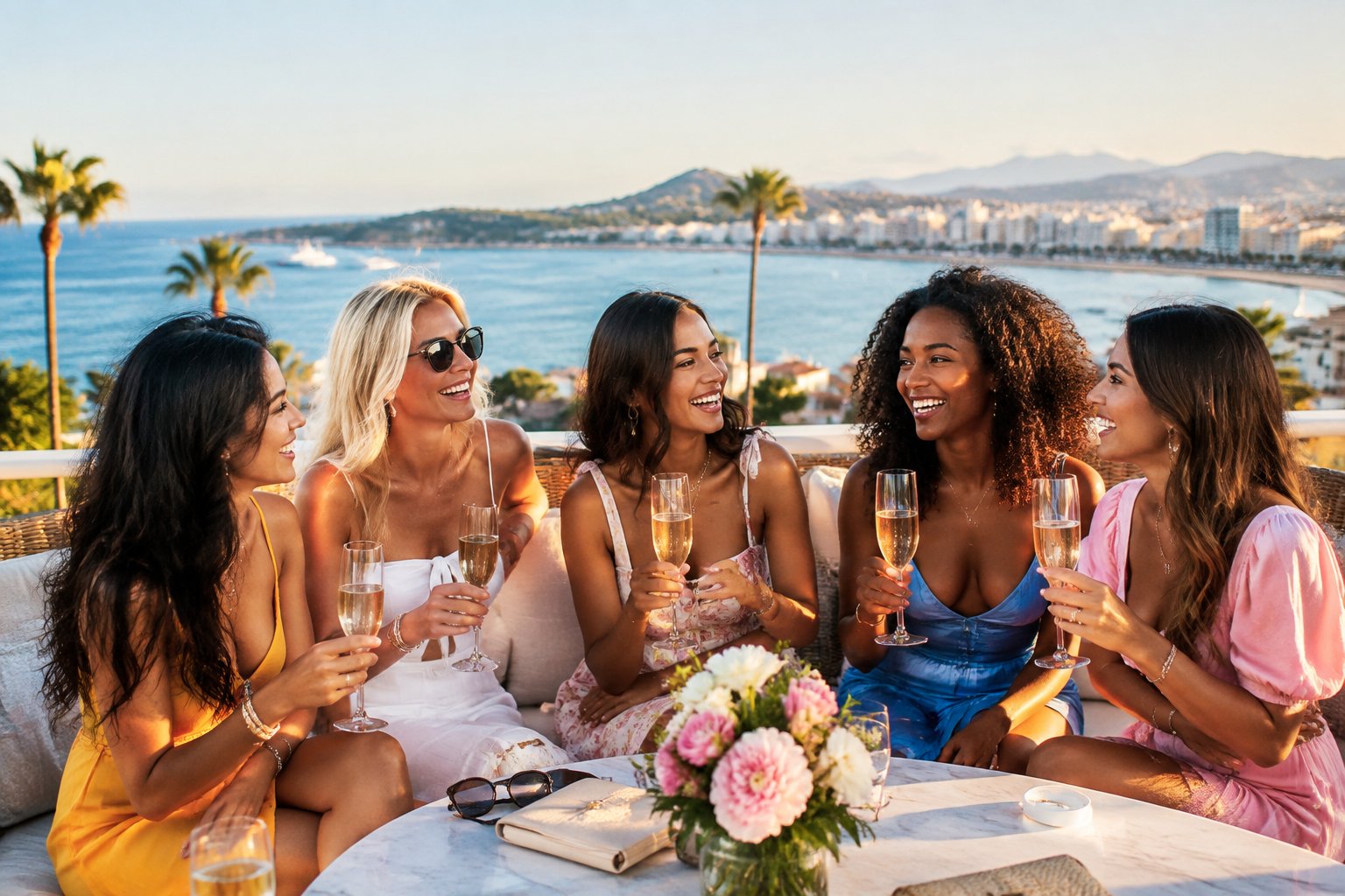 A group of friends celebrating together on a sunny rooftop overlooking a coastal resort.