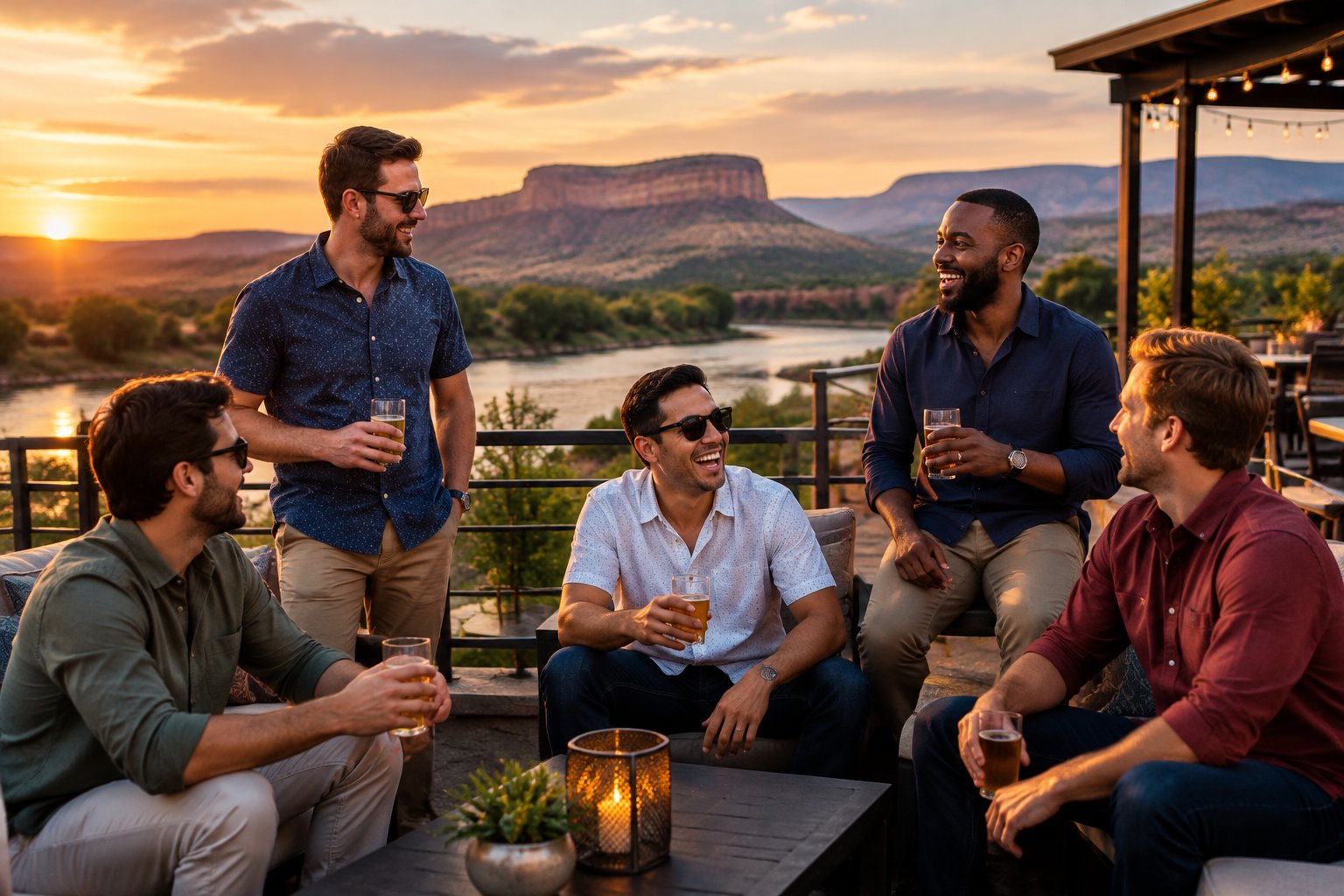 A group of friends enjoying an outdoor evening celebration near the Arkansas River in Pueblo.