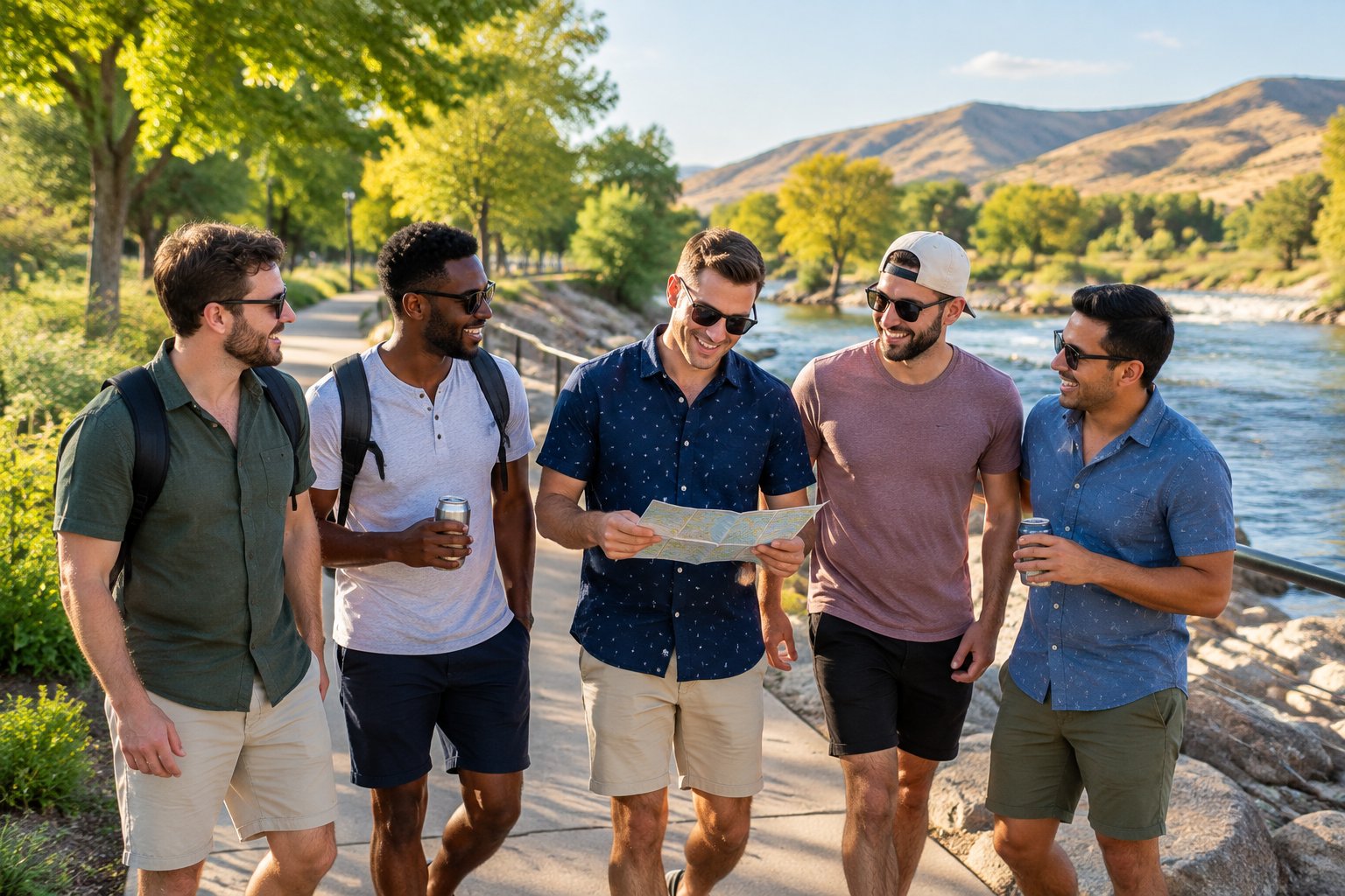 A group of male friends enjoying a sunny afternoon together along Pueblo’s Arkansas Riverwalk.