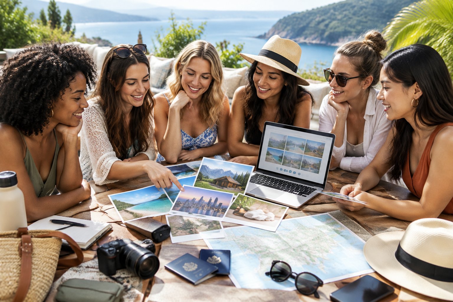 A diverse group of friends compares travel ideas and plans a bachelorette getaway around an outdoor table.