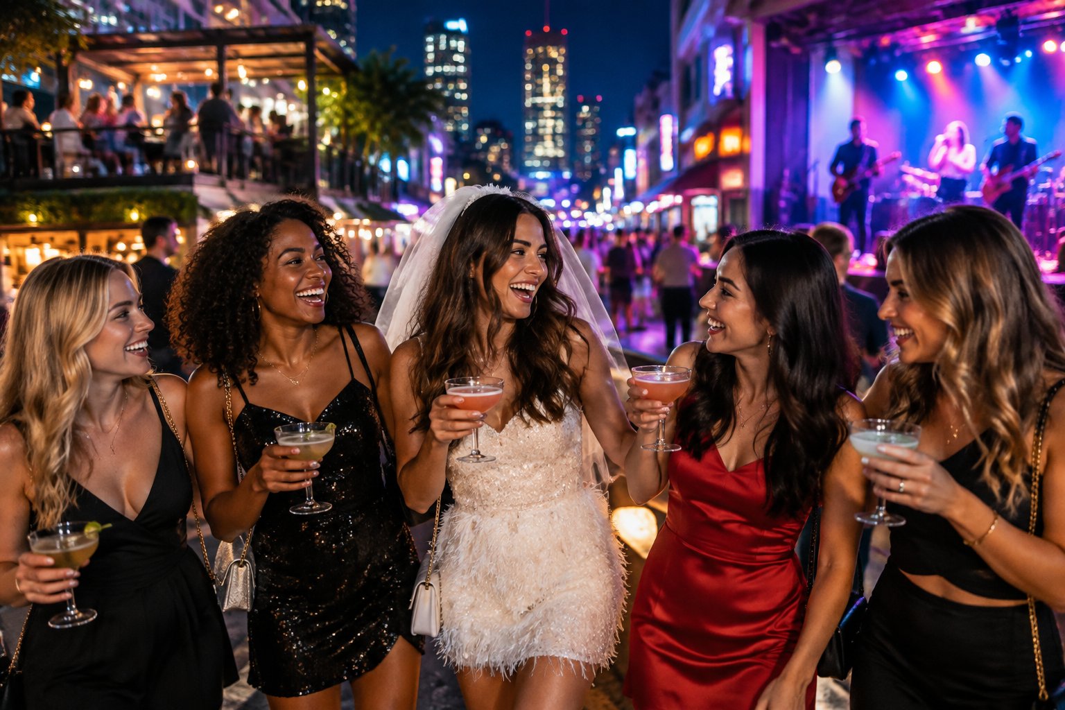 A group of friends celebrating together on a lively city street at night.