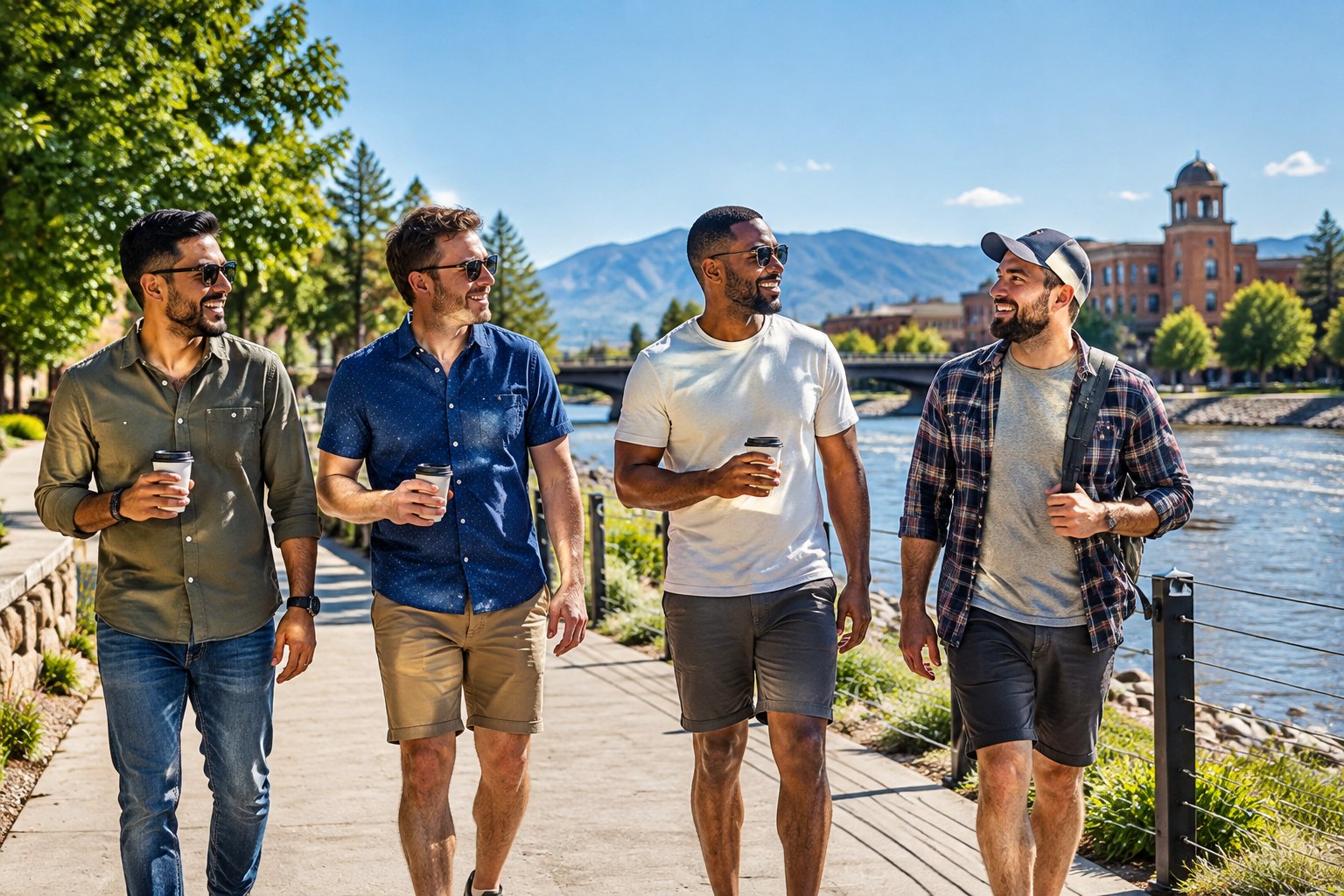 A group of friends enjoys a sunny daytime outing along a scenic riverside path in Pueblo.