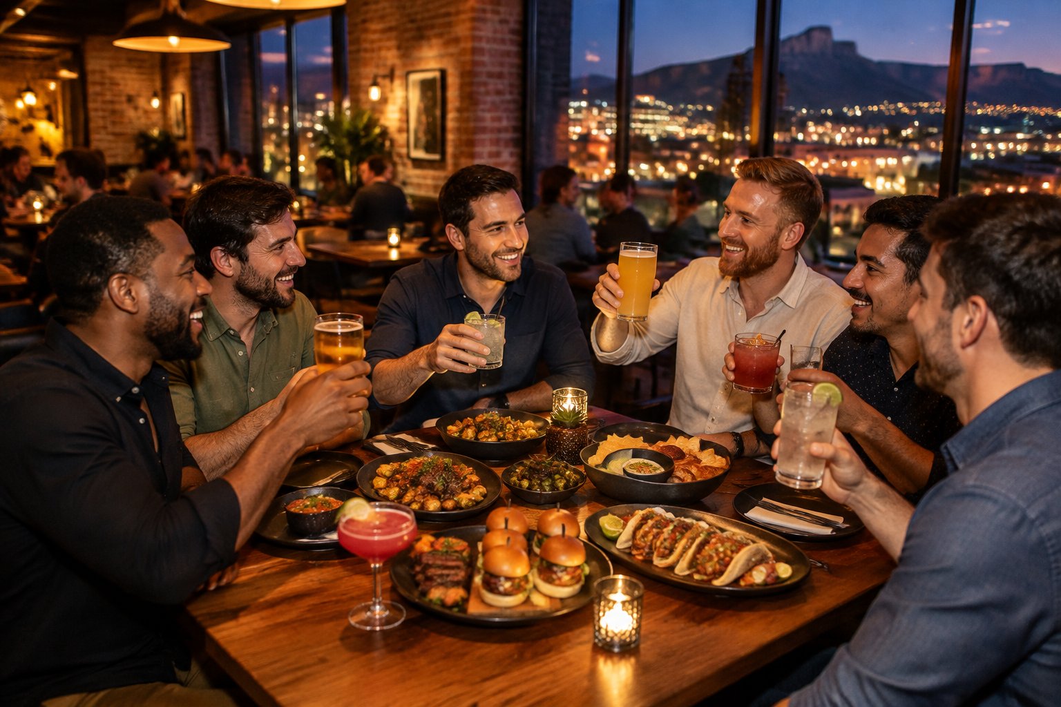 A group of friends sharing food and drinks during a lively evening at a restaurant in Pueblo.