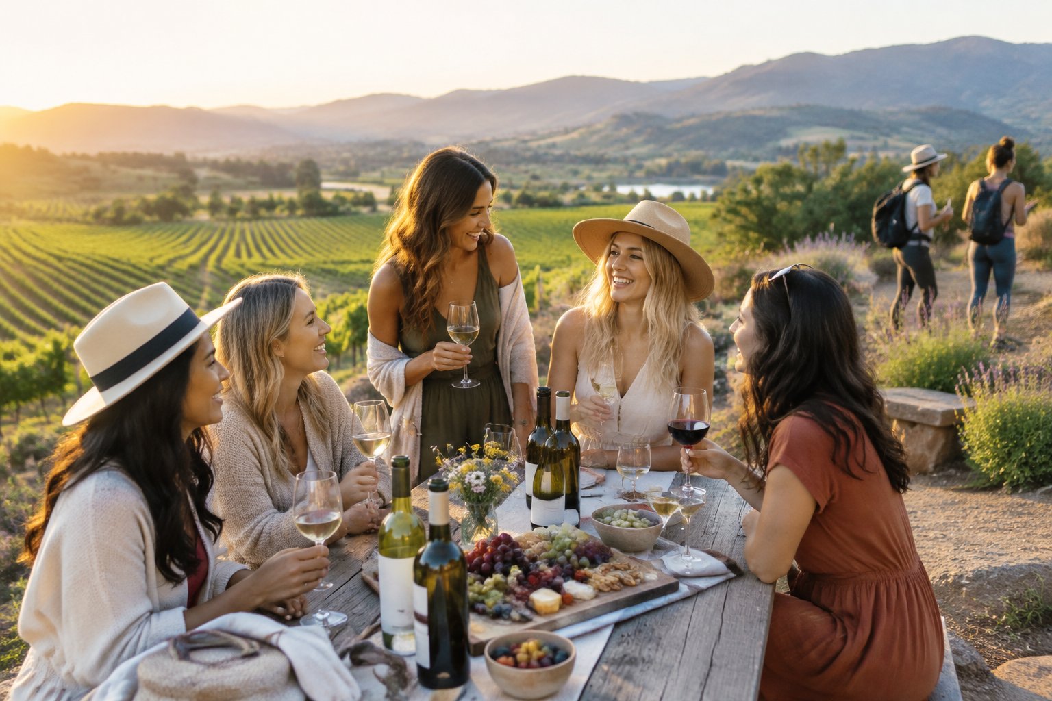 A group of friends enjoys wine and snacks at an outdoor vineyard table surrounded by rolling hills.