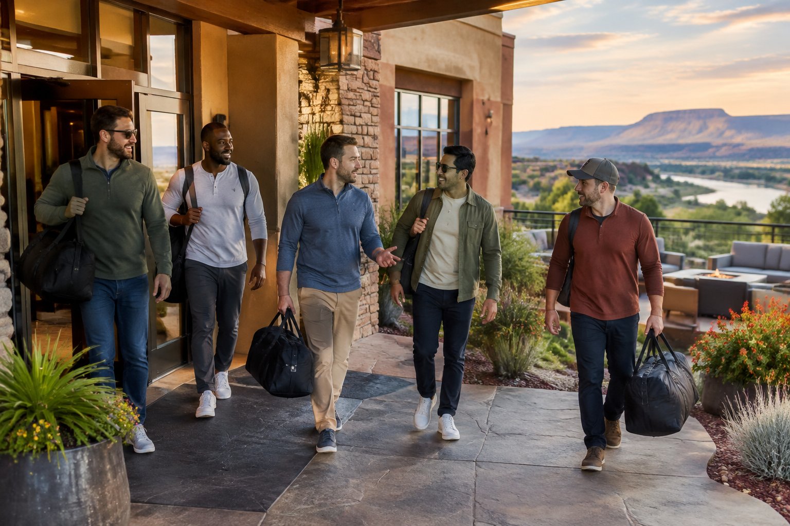 A group of adult men with weekend bags arriving at a stylish lodging in Pueblo.