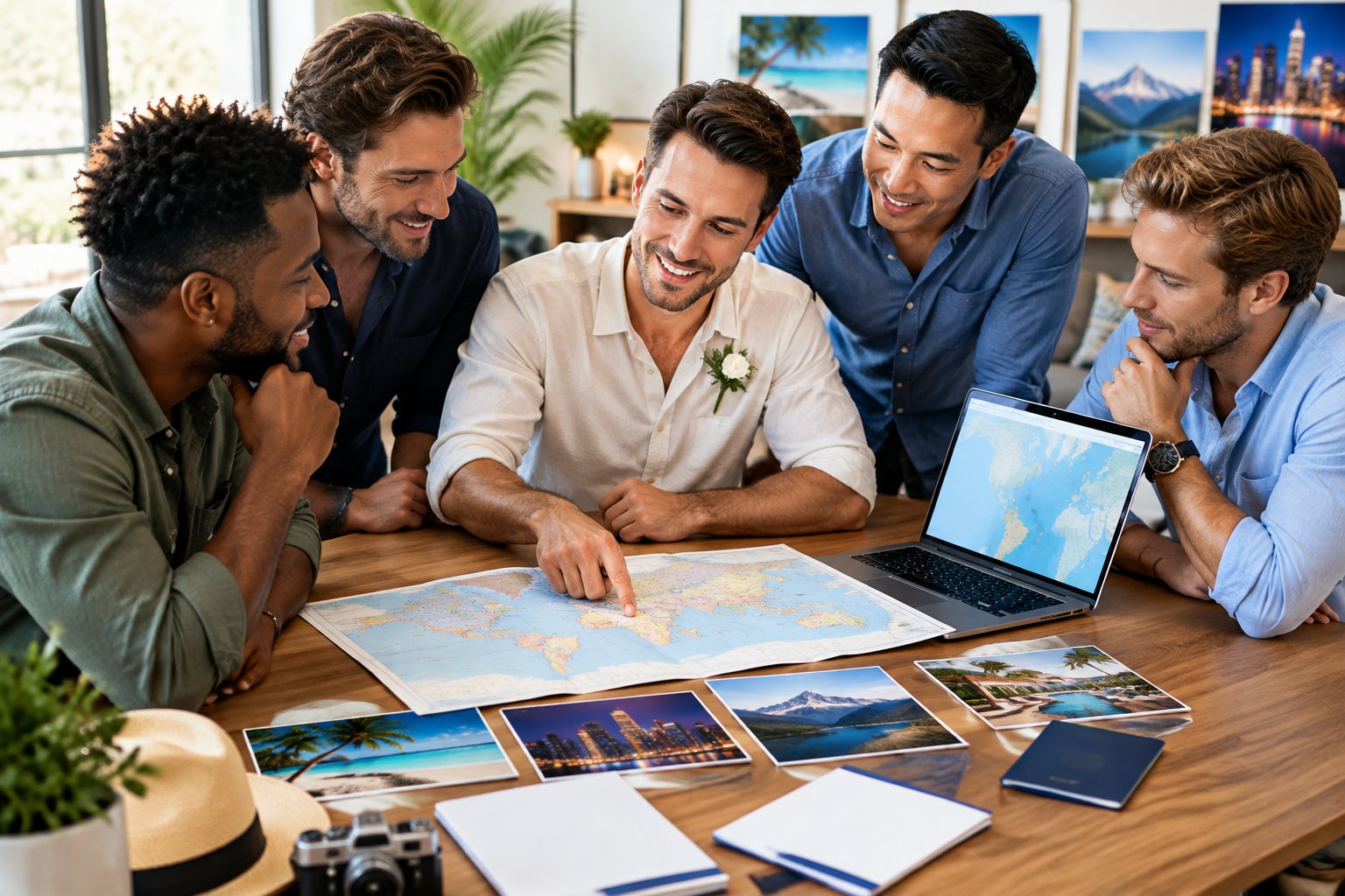 A groom and his friends compare travel options for a bachelor party around a table with maps and a laptop.