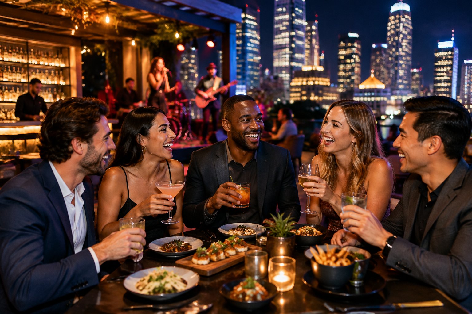A group of adult friends enjoying food, music, and nightlife on a city rooftop.