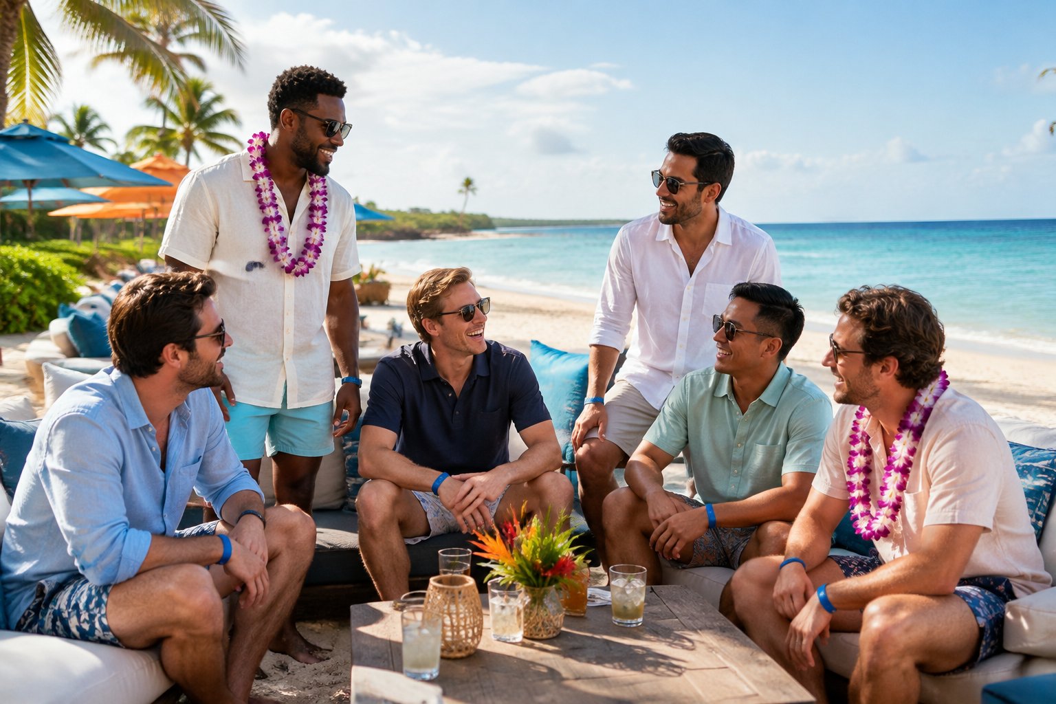 A group of friends enjoys a relaxed celebration on a sunny tropical beach.