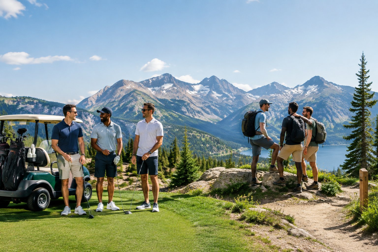 Friends enjoying a golf and mountain getaway at an outdoor resort.