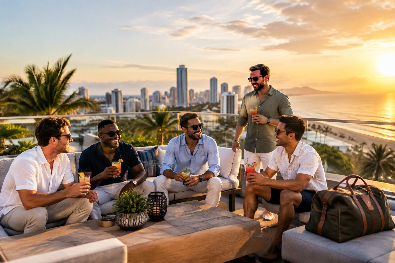A group of friends enjoying a rooftop gathering overlooking a sunny coastal city.