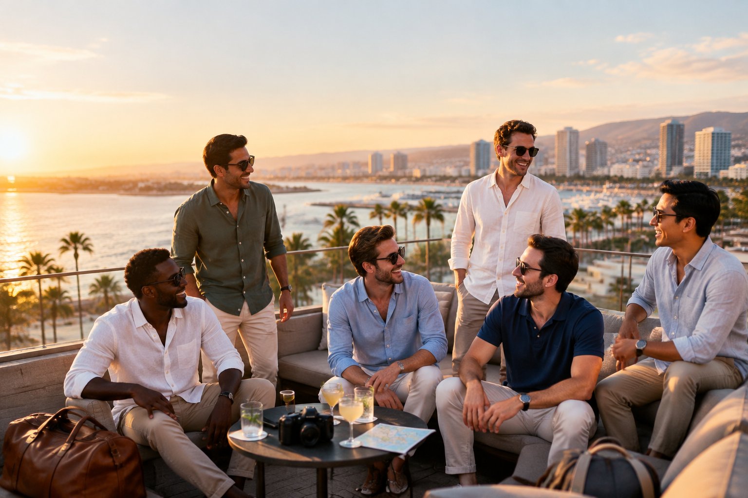 A group of friends celebrating together on a rooftop overlooking a coastal city at sunset.