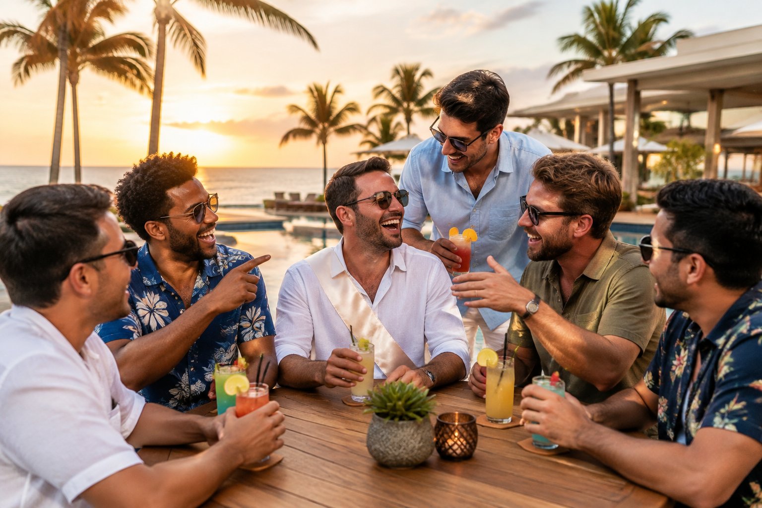 A group of friends laughs and raises drinks together at a tropical resort during a bachelor party.