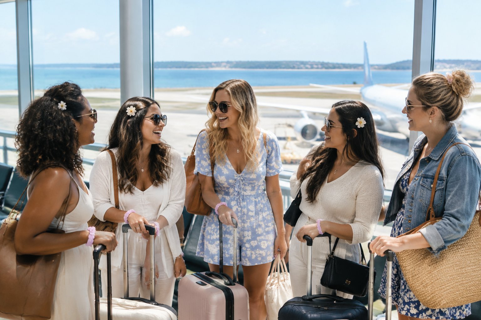 A group of friends with luggage smiles together inside an airport terminal before a vacation.