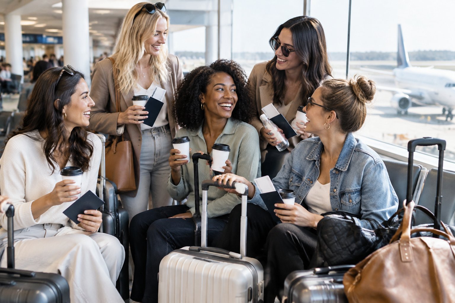 Friends celebrating together in an airport lounge beside their luggage.