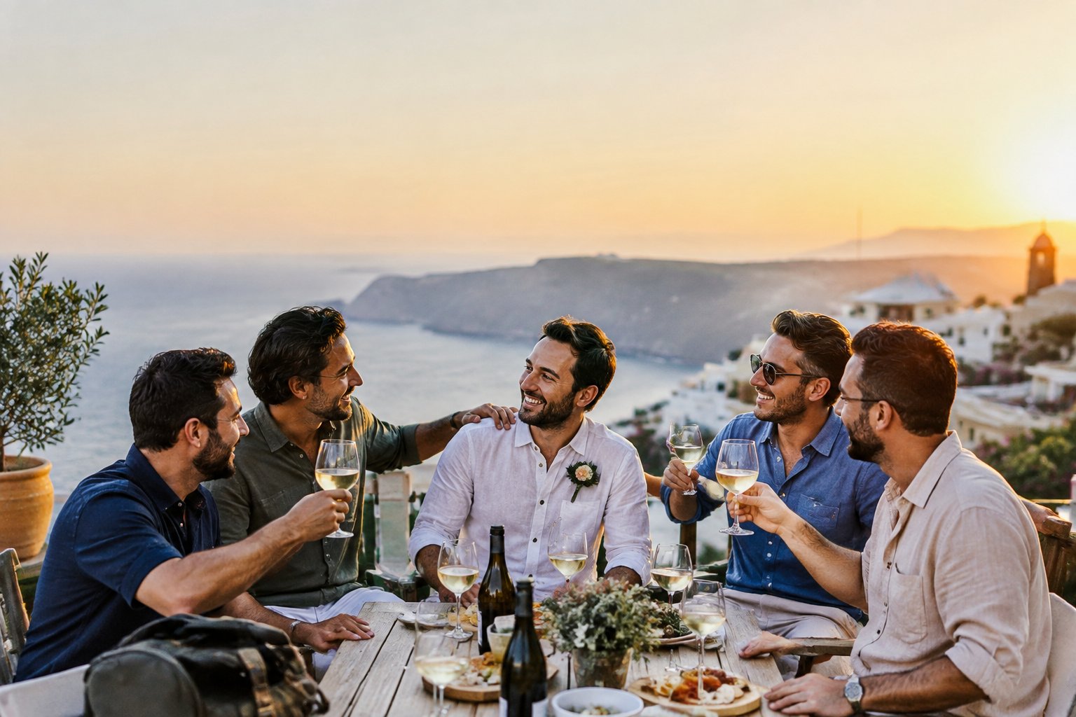 Friends gather around a groom at a scenic destination during a heartfelt bachelor party celebration.