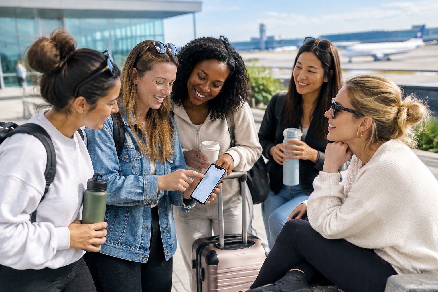 A group of friends plans a bachelorette trip near a regional airport with carry-on luggage and coffee.