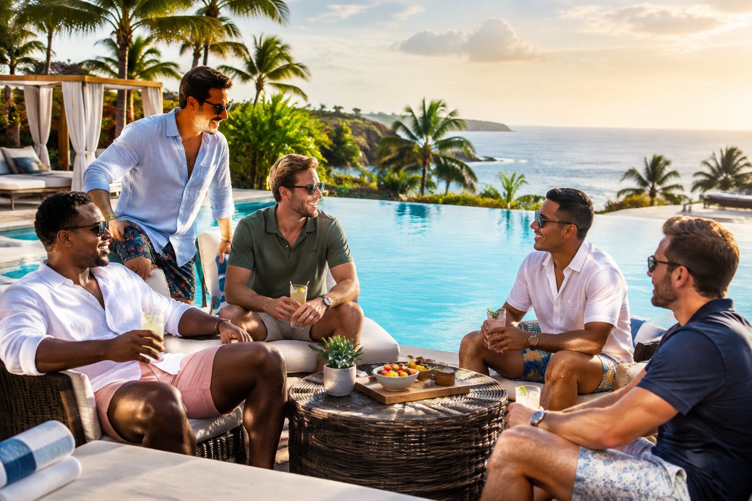 A group of friends relaxes beside an infinity pool at a tropical all-inclusive resort overlooking the ocean.