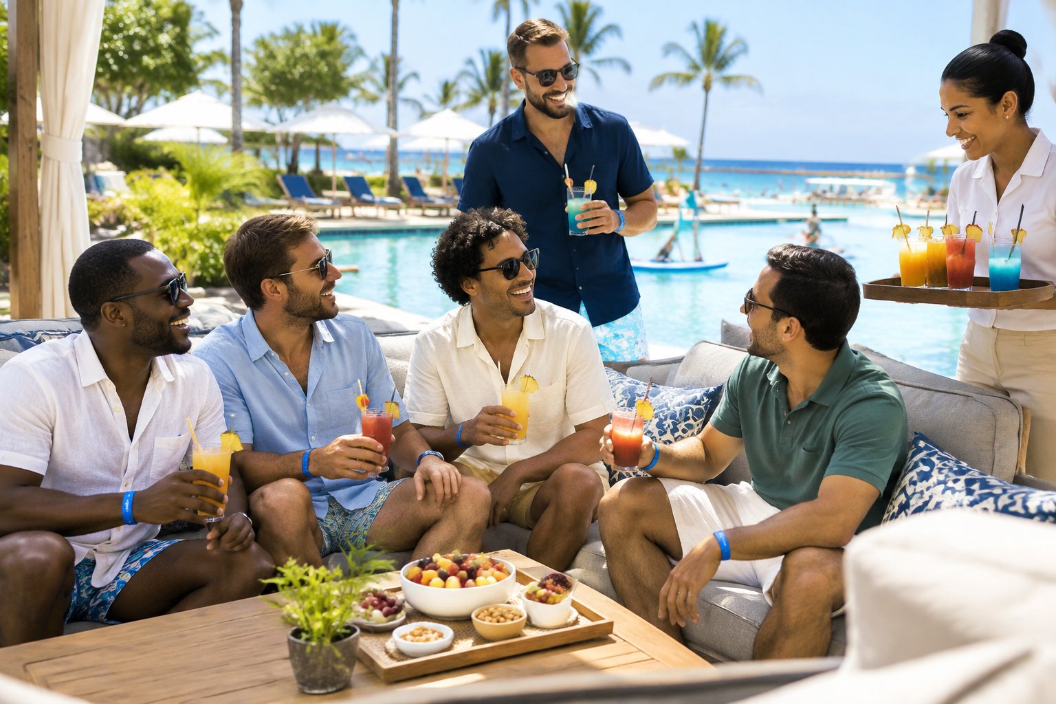 A group of adult friends relax together beside a pool at a tropical all-inclusive resort.