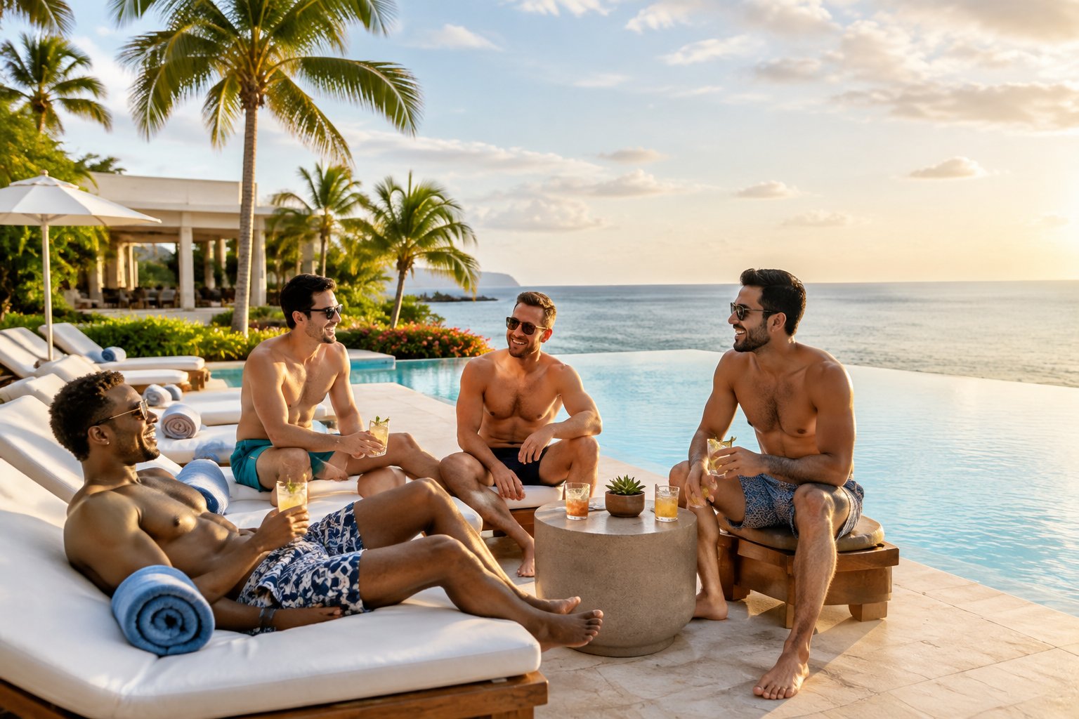 A group of friends relaxing beside an infinity pool at a tropical all-inclusive resort overlooking the ocean.