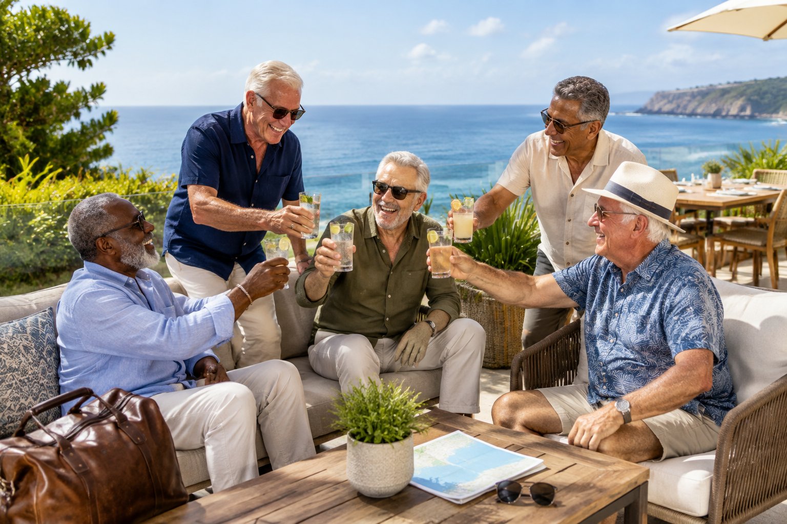 A group of older men celebrating together on a sunny oceanfront resort terrace.