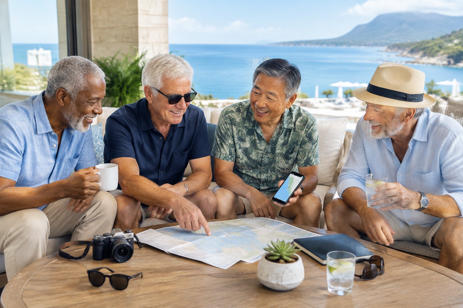 A group of older friends plan a relaxing getaway together at a scenic resort.