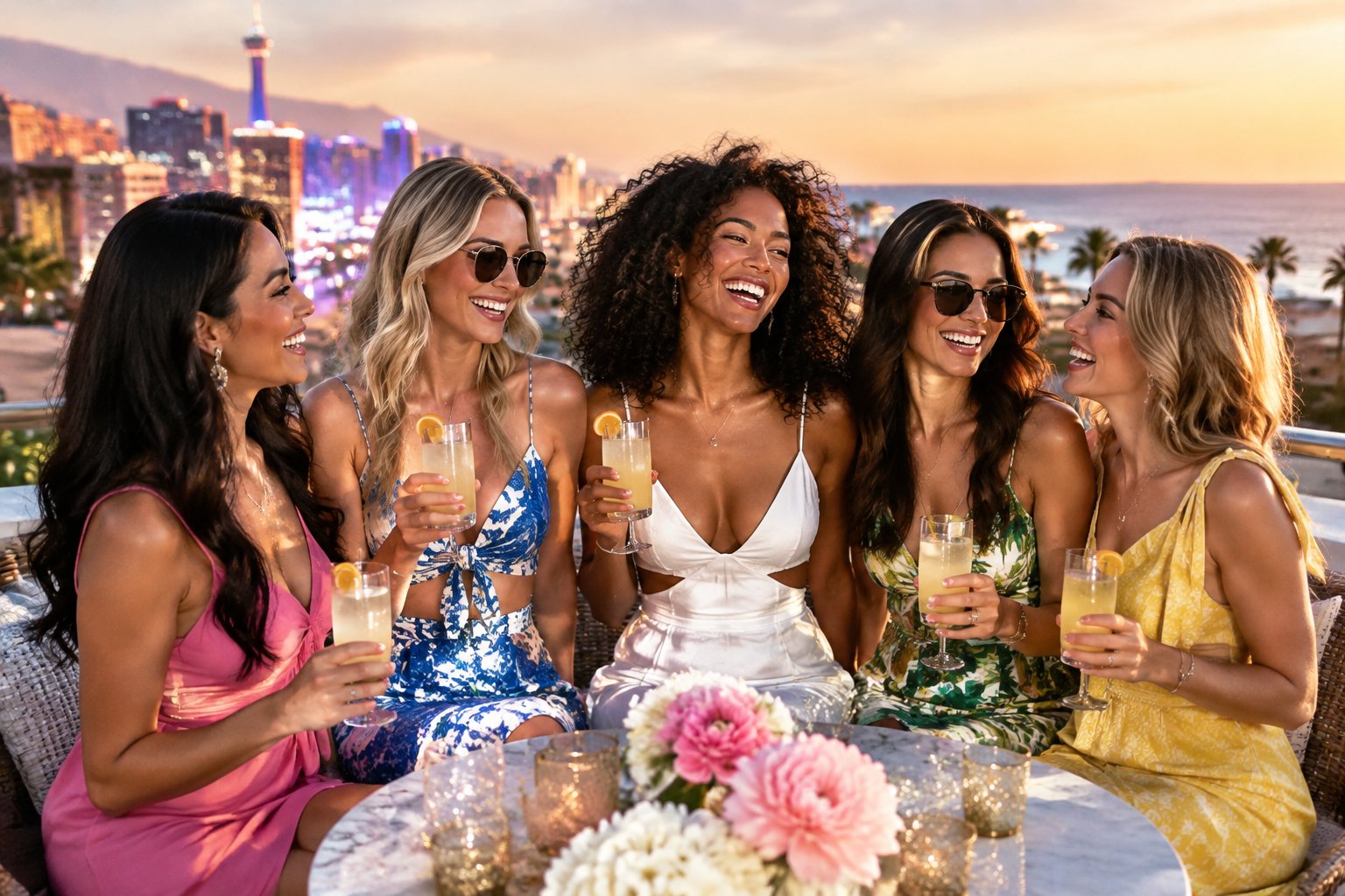 A group of friends celebrating together on a stylish rooftop terrace during a city vacation.