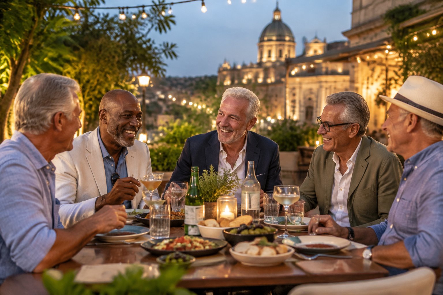 A group of older male friends sharing dinner and drinks on a warmly lit outdoor restaurant terrace.