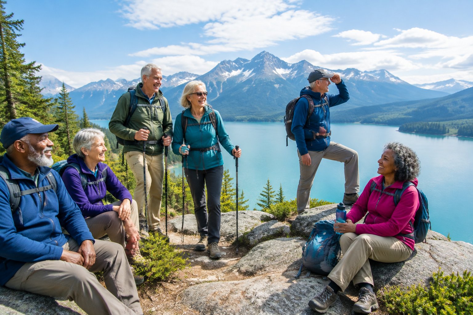 A group of older friends enjoys a scenic outdoor adventure together near a mountain lake.